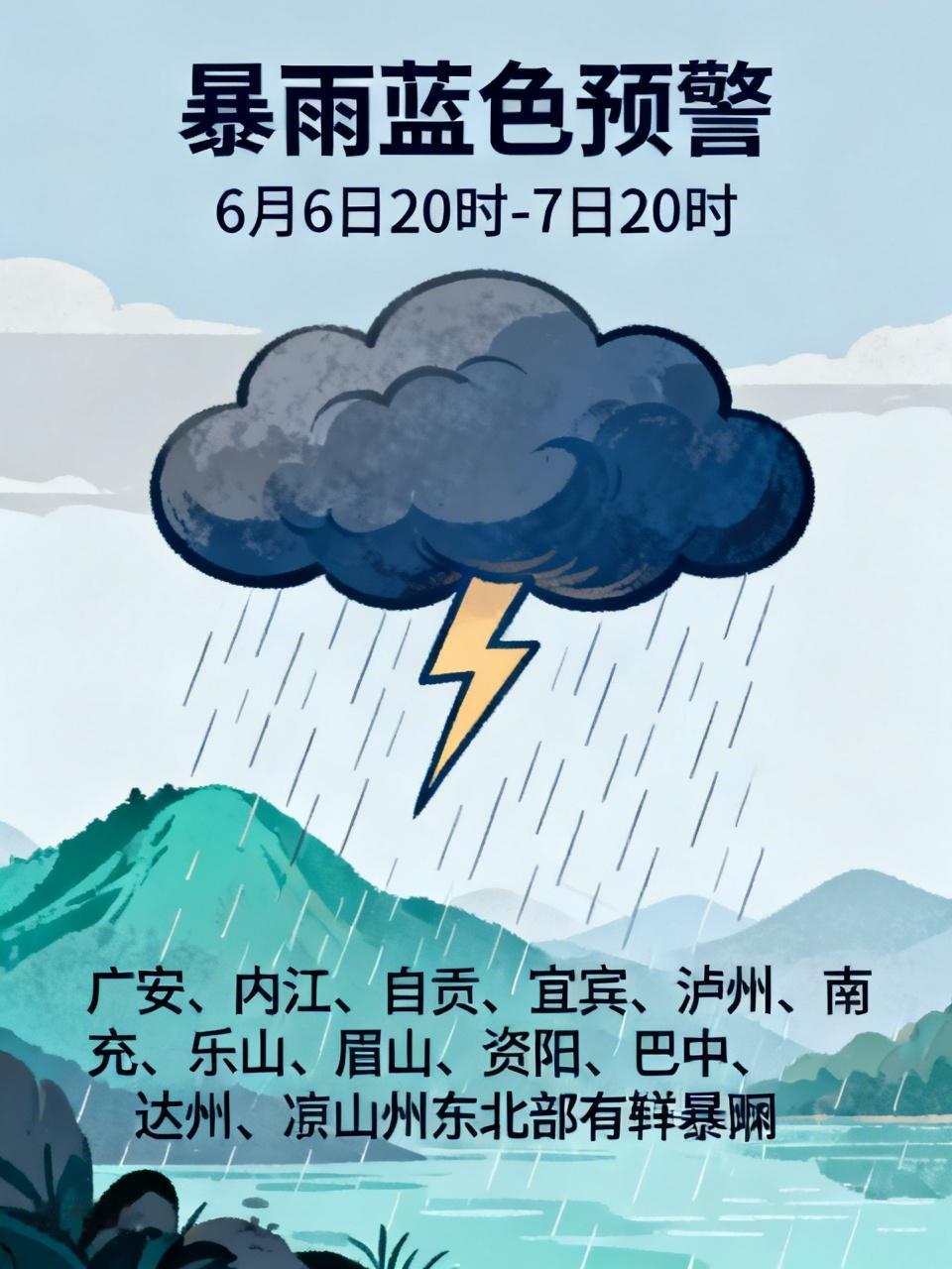 暴雨、大暴雨来了！四川发布暴雨蓝色预警，涉及这些市州

四川省气象台6月6日15