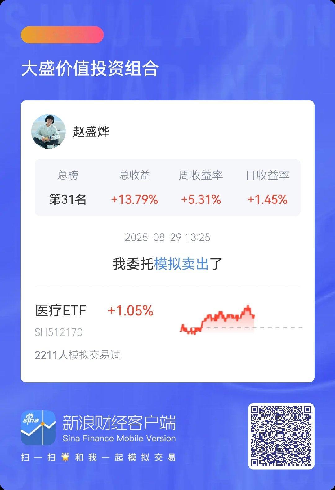 精准调仓，稳健增长！分享我在大盛价值投资组合 委托交易的$医疗ETF sh512