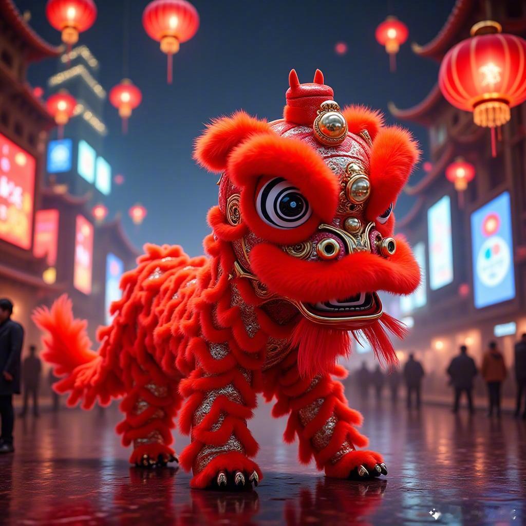 春节的舞狮表演真是太酷炫了！🎉狮子摇曳生姿，科技元素环绕，色彩斑斓，节日氛围满