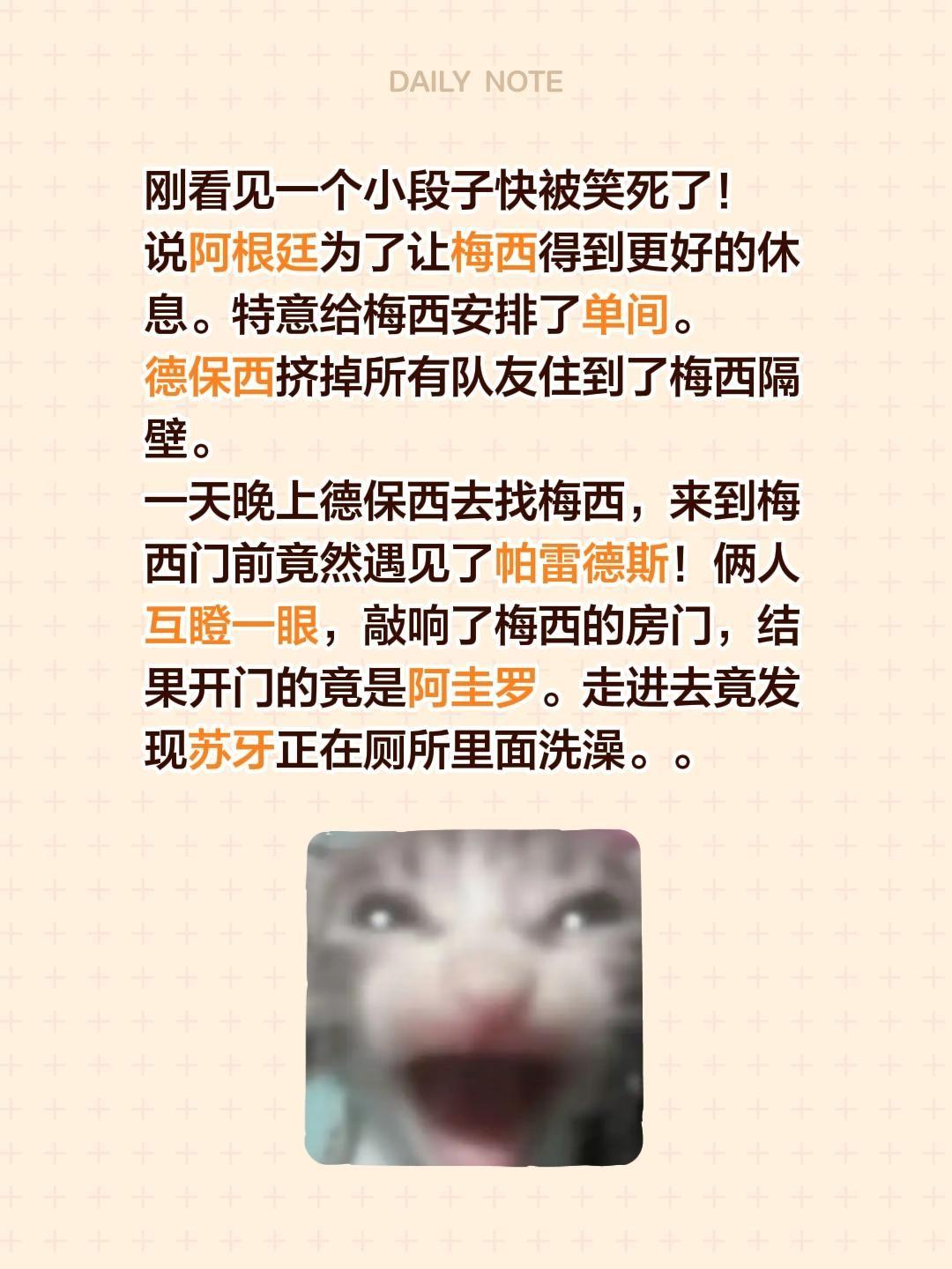 刚看见一个小段子快被笑死了！ 
说阿根廷为了让梅西得到更好的休息。特意给梅西安排