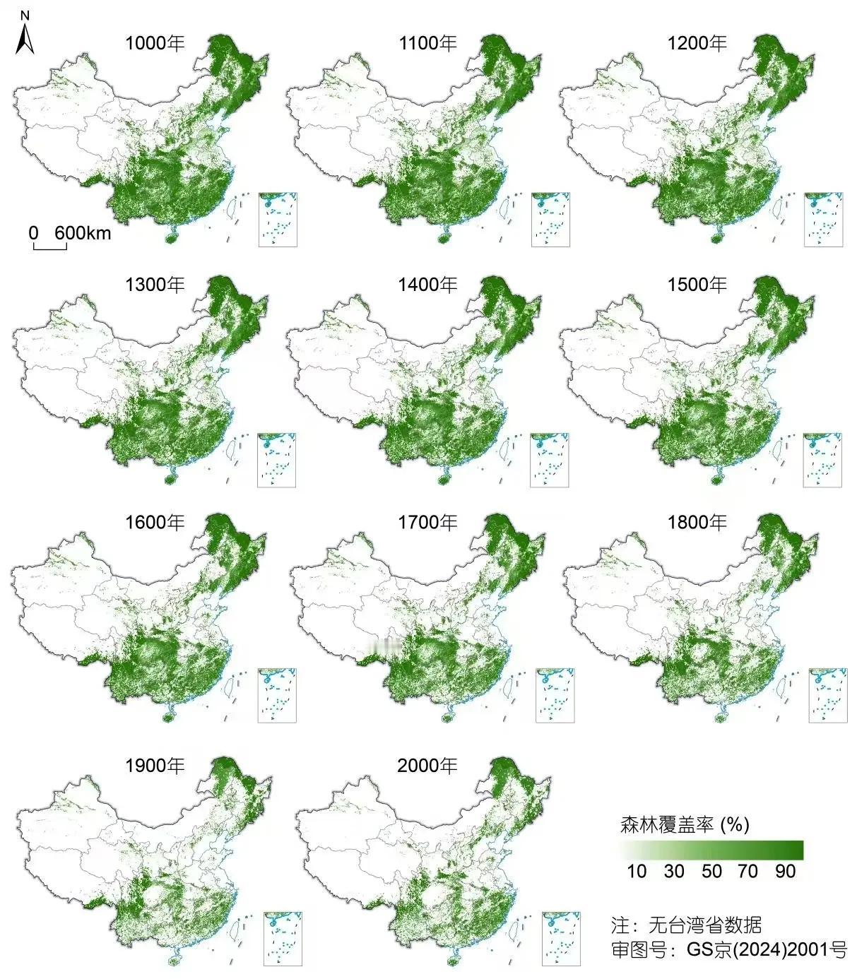 从1000年到2000年，森林覆盖率的变化一目了然！