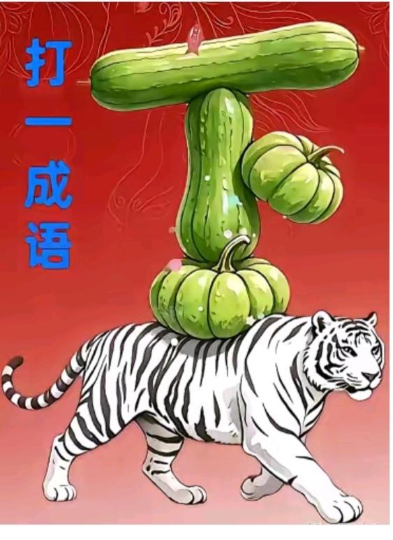 图中画面真精彩；
老虎背上驮青菜；
青菜就有西葫芦；
还有两个大南瓜；
两个蔬菜