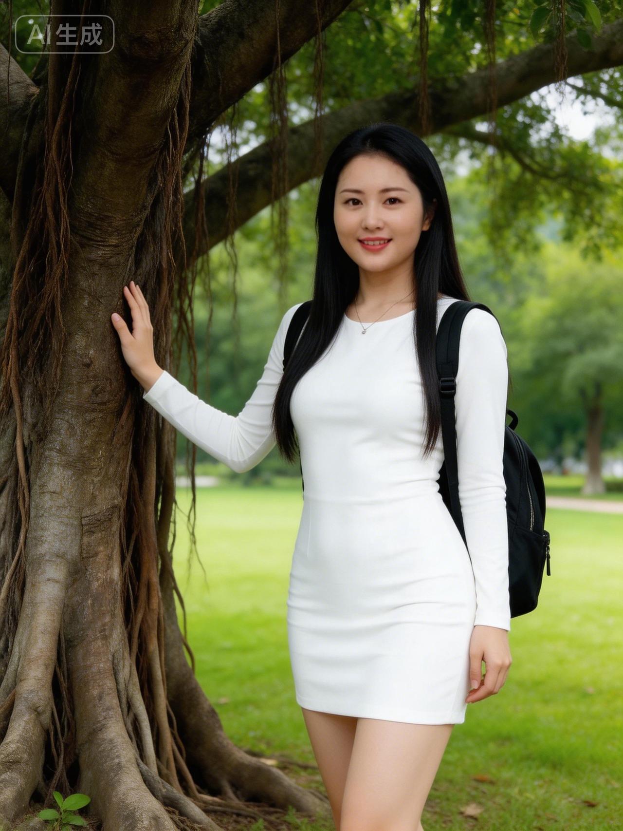 一个穿白裙的女孩靠在树旁微笑。