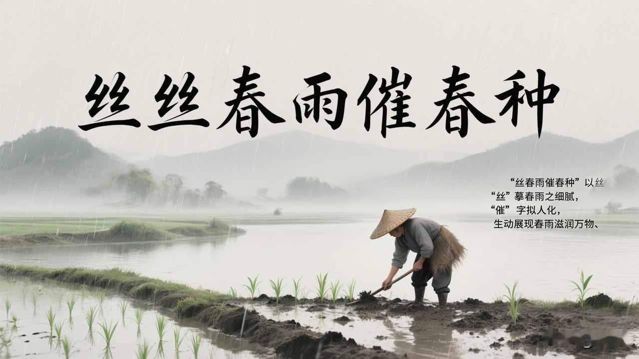 赏析：这幅对联中，我创作的上联“丝丝春雨催春种”与下联“片片绿叶送和风”相映成趣