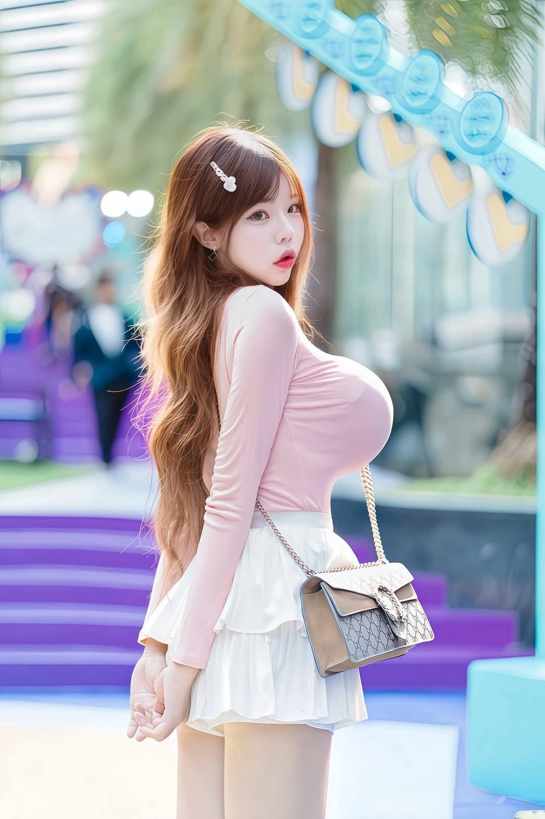粉调温柔撞上清亮夏光，裙摆轻晃时，连风都裹着甜。发间小饰与包链轻响，是今日份恰好