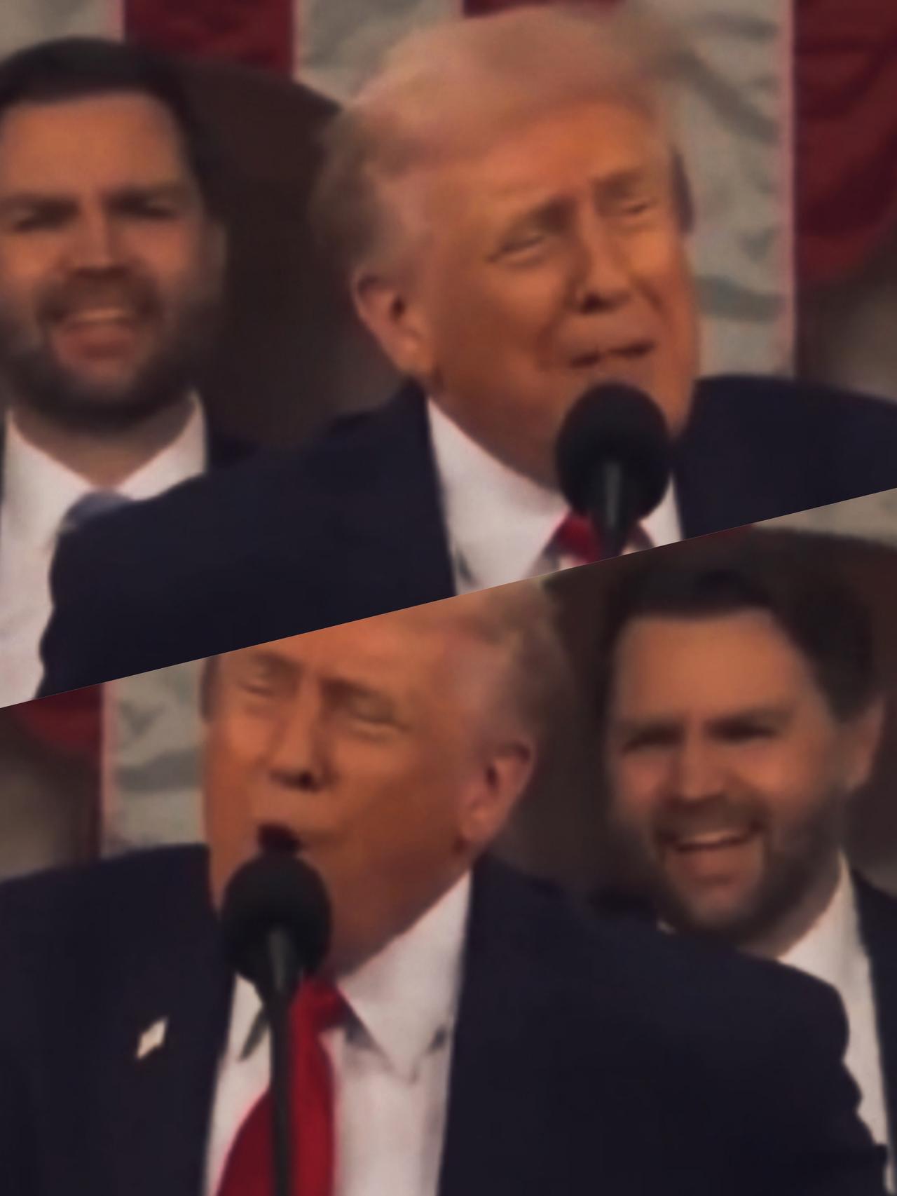 特朗普在讲什么事情呢？表情这么有特点啊！
万斯在后边笑的如此开心啊！
特朗普的表