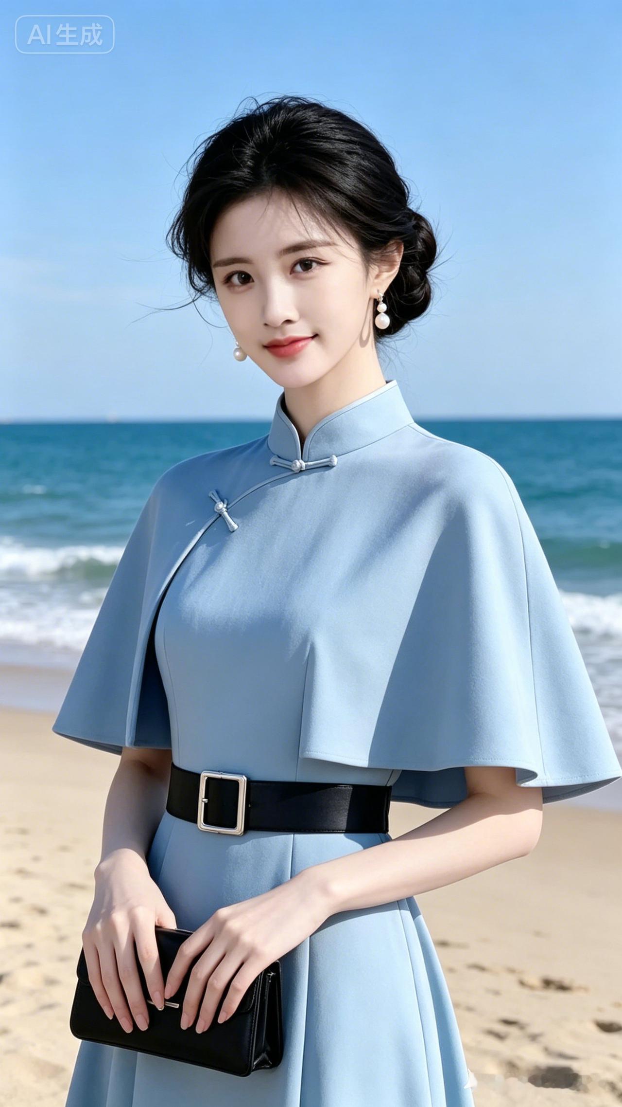海边优雅蓝裙照，清新自然美如画！