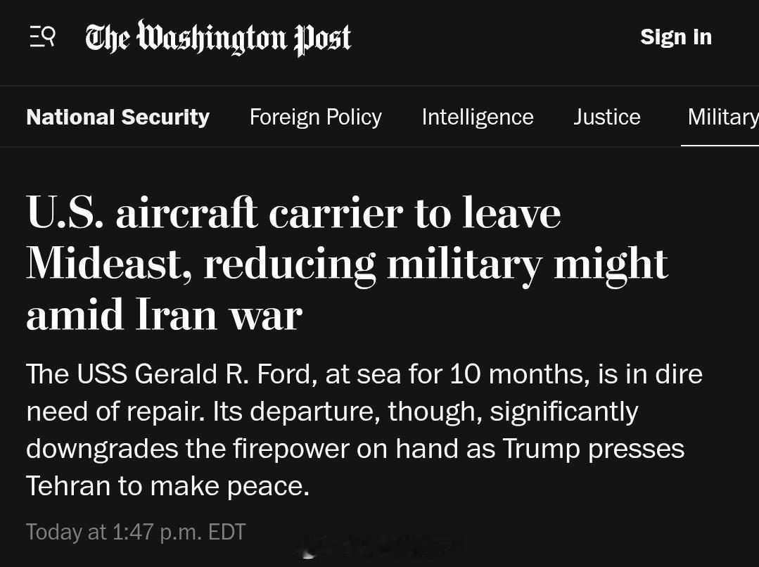 《华盛顿邮报》 称，美军福特号航母在严重延期部署+急需维修的情况下将离开中东返回