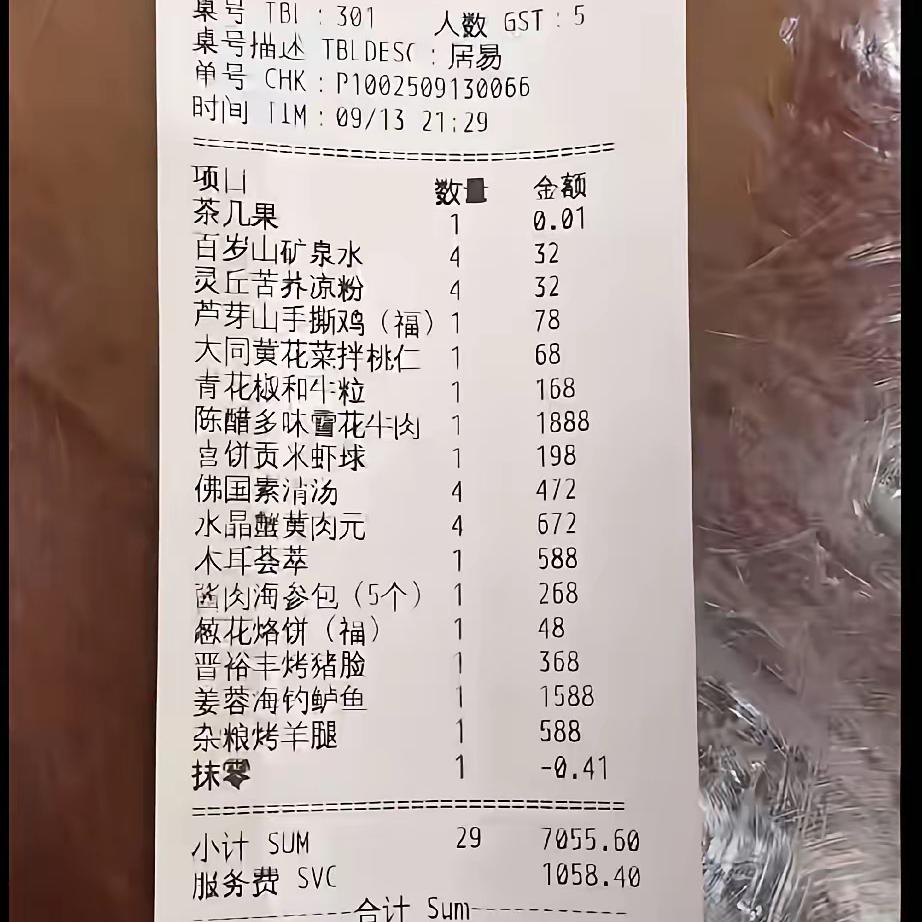 一顿饭花了 8114 元！
人均消费 1662.8 元，服务费就是 1058 元