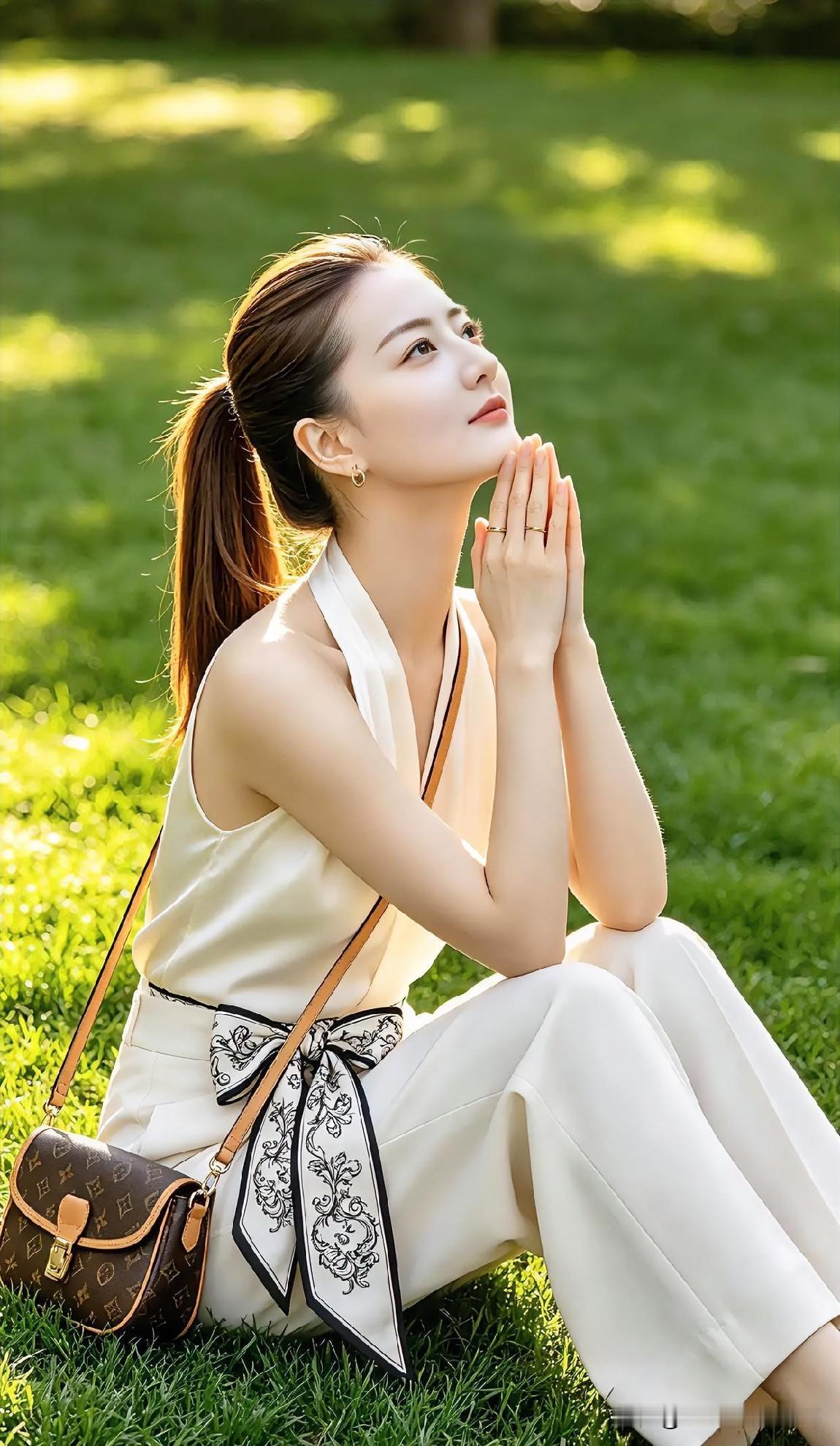 暖阳倾洒绿茵间，素衣佳人祈愿凝眸。双手轻合藏柔念，发丝随风漾清欢。自然与优雅共生