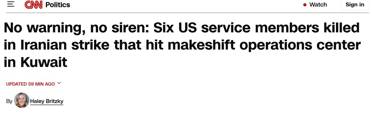 美国中央司令部宣布：已有6名美军死亡，18人重伤
当地时间周一早些时候，美国国防