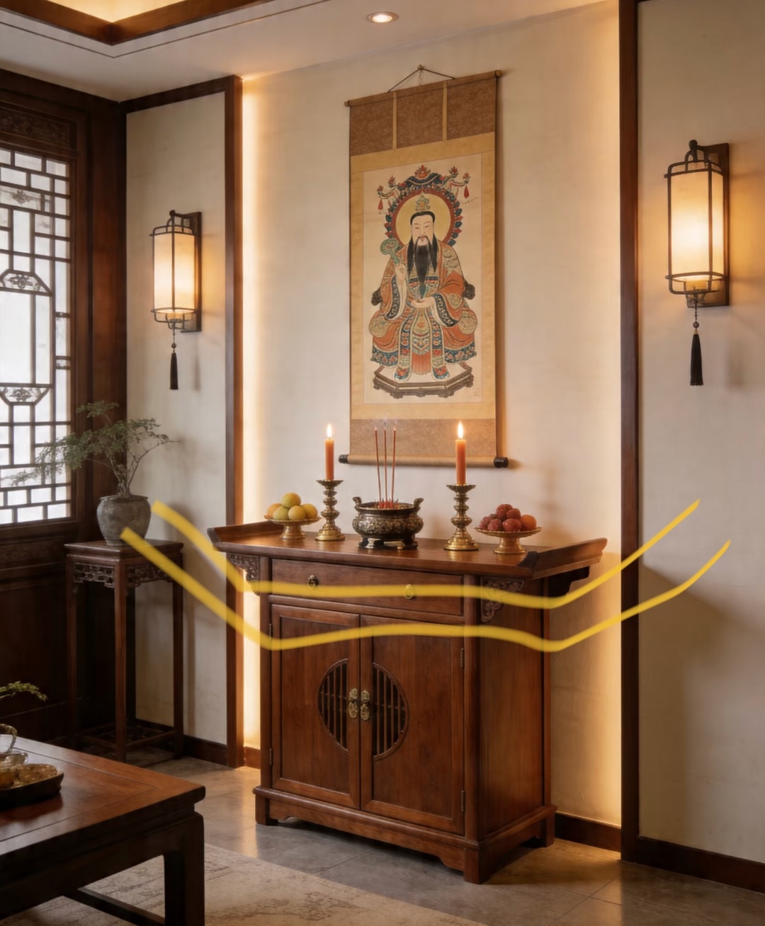 神台神桌，要买图中这种两边向上收的，（画黄线）为聚气收气不宜买向下收的（反方向）