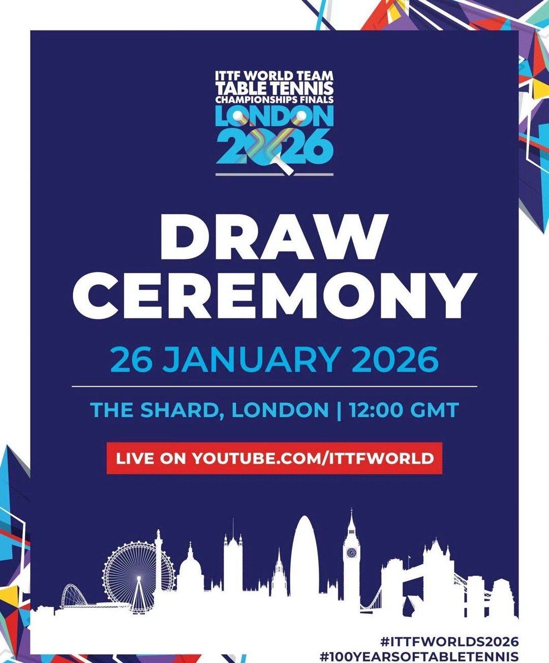 伦敦团体世乒赛抽签仪式时间确定 伦敦世乒赛团体赛抽签仪式： 2026年1月26日