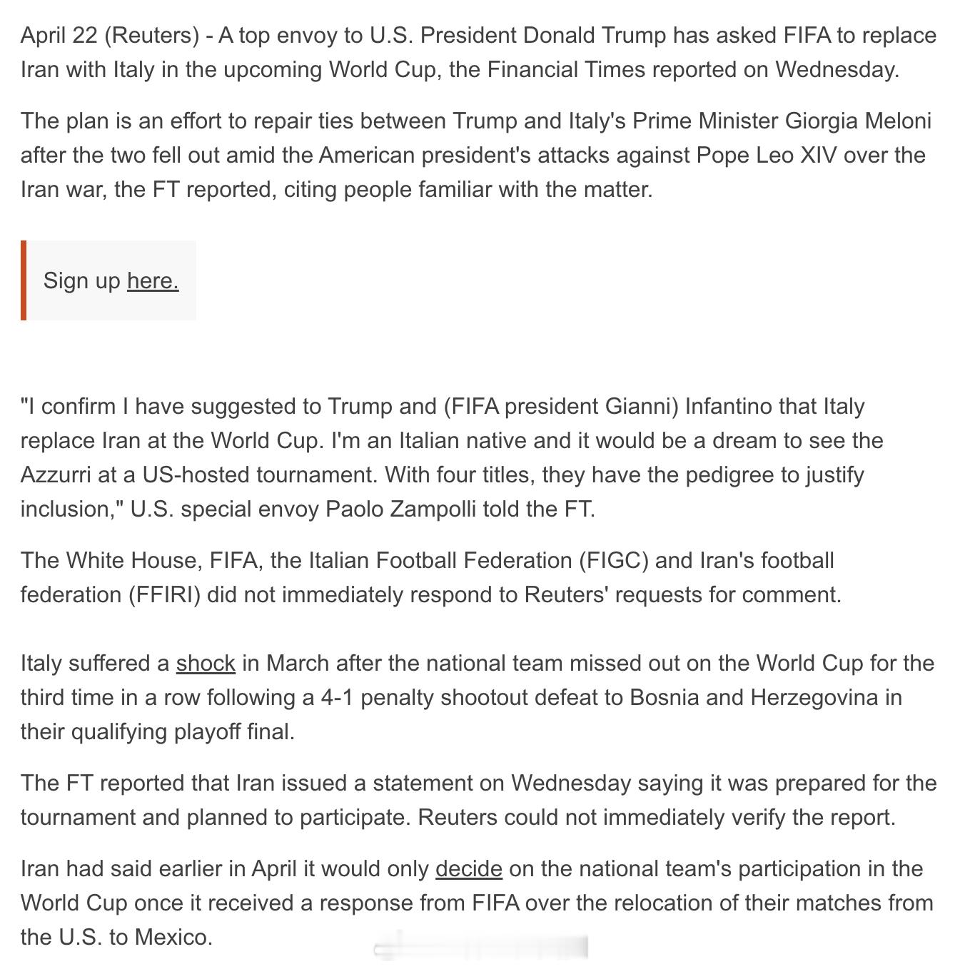 <金融时报>报道，川普的一名高级特使已要求国际足联（FIFA）在即将到来的世界杯