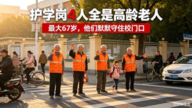护学岗4位老人坚守校门口，最大67岁！