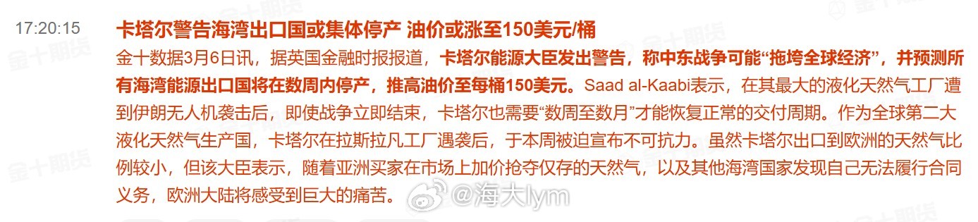 卡塔尔警告海湾出口国或集体停产 油价或涨至150美元/桶据英国金融时报报道，卡塔