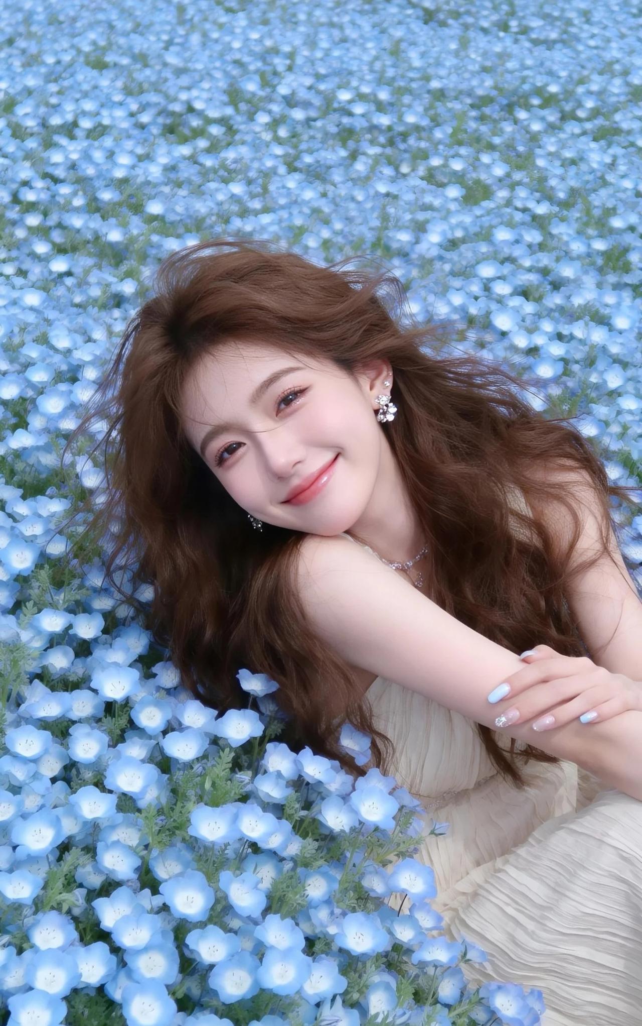 这组照片宛如坠入了一片梦幻的蓝色花海，满是春日的温柔与浪漫。
画面中的女子身着一