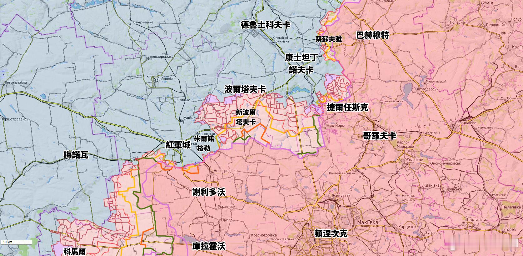 頓涅次克一線，雙方控制線2025年的逐月變化。烽火问鼎计划 ​​​
