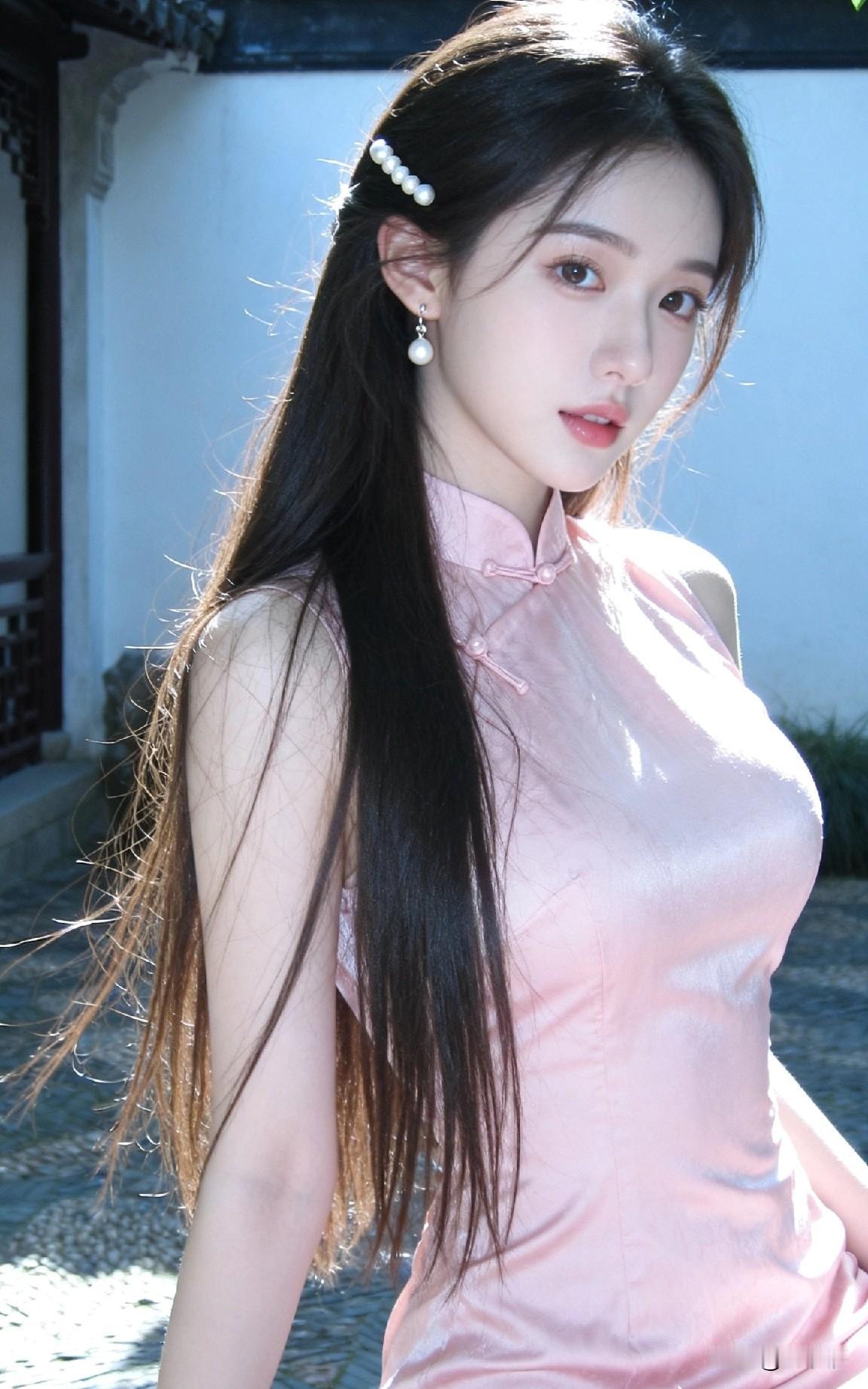江南园林的白墙黛瓦间，一袭柔粉色旗袍真的太绝了！
无袖剪裁衬得身姿轻盈，盘扣与缎