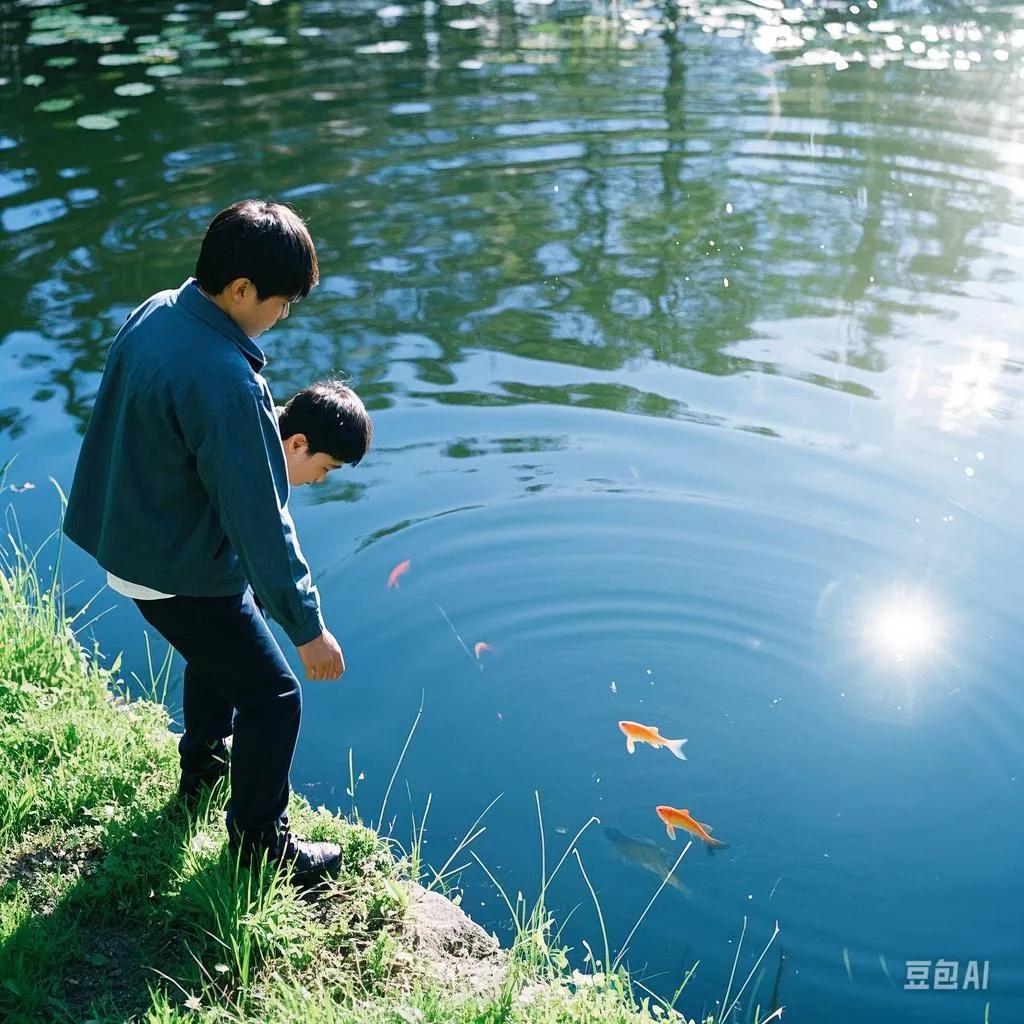 下联:   松下听鸟鸣
在池边悠然地观看鱼儿跳跃，于松树下静静地聆听鸟儿鸣啼，对