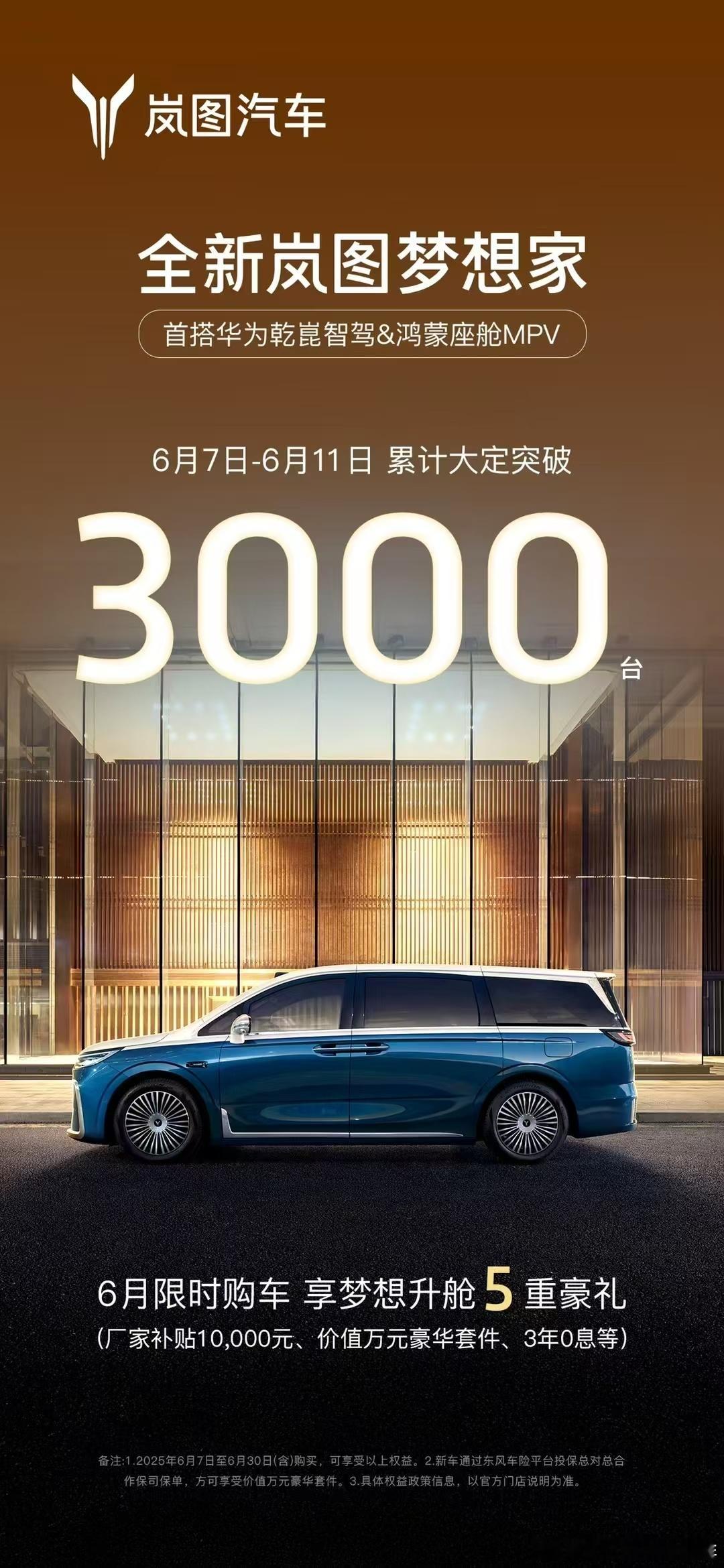 全新岚图梦想家 梦想升舱季订单火爆6月7日-6月11日 累计大定突破3000台6