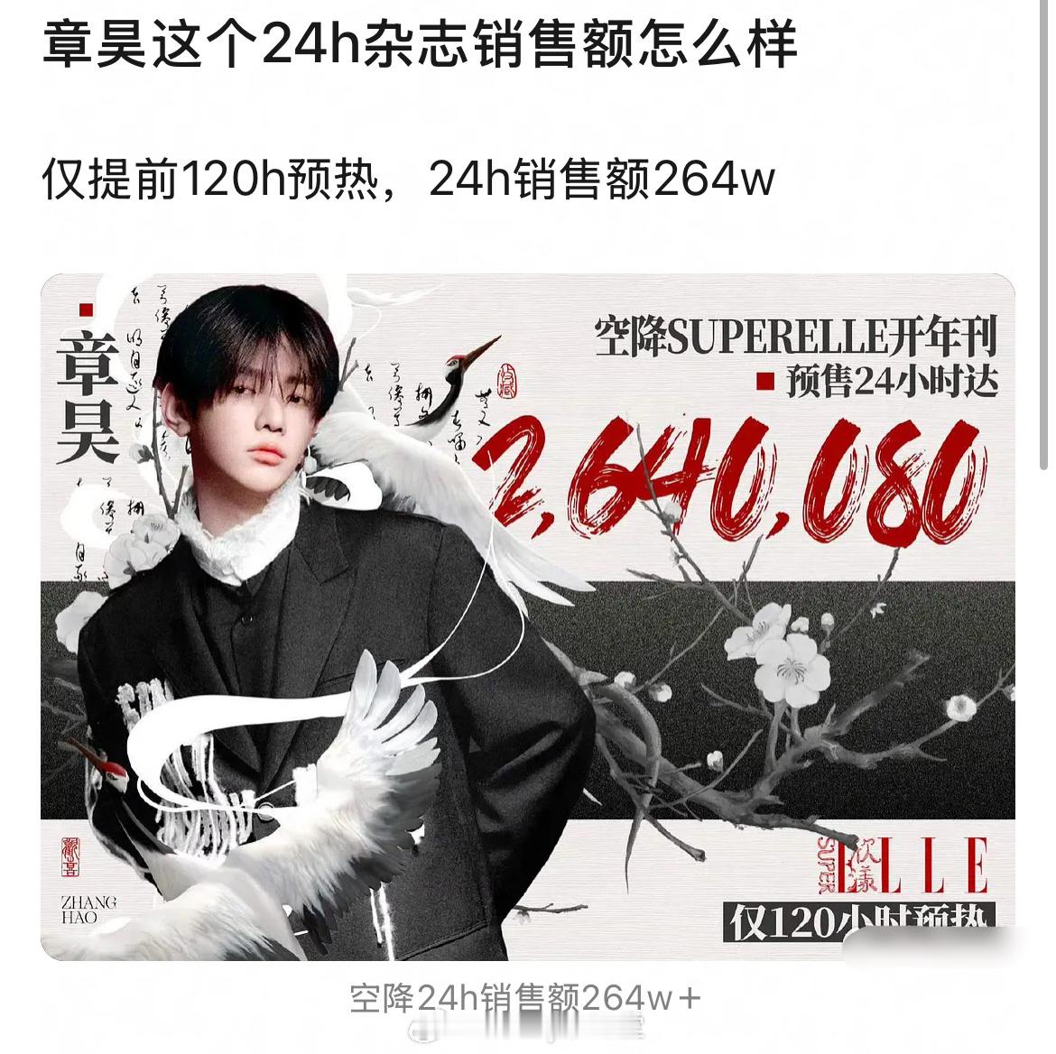 章昊SuperELLE杂志24小时销售额264w，放在内娱什么水平？ 