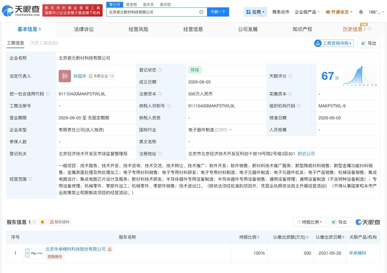 华卓精科在北京成立新公司 注册资本500万
天眼查App显示，近日，北京瓷元新材