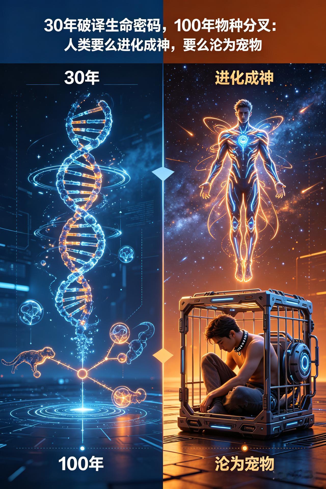 人类何去何从！
30年破译生命密码，100年物种分叉：人类要么进化成神，要么沦为