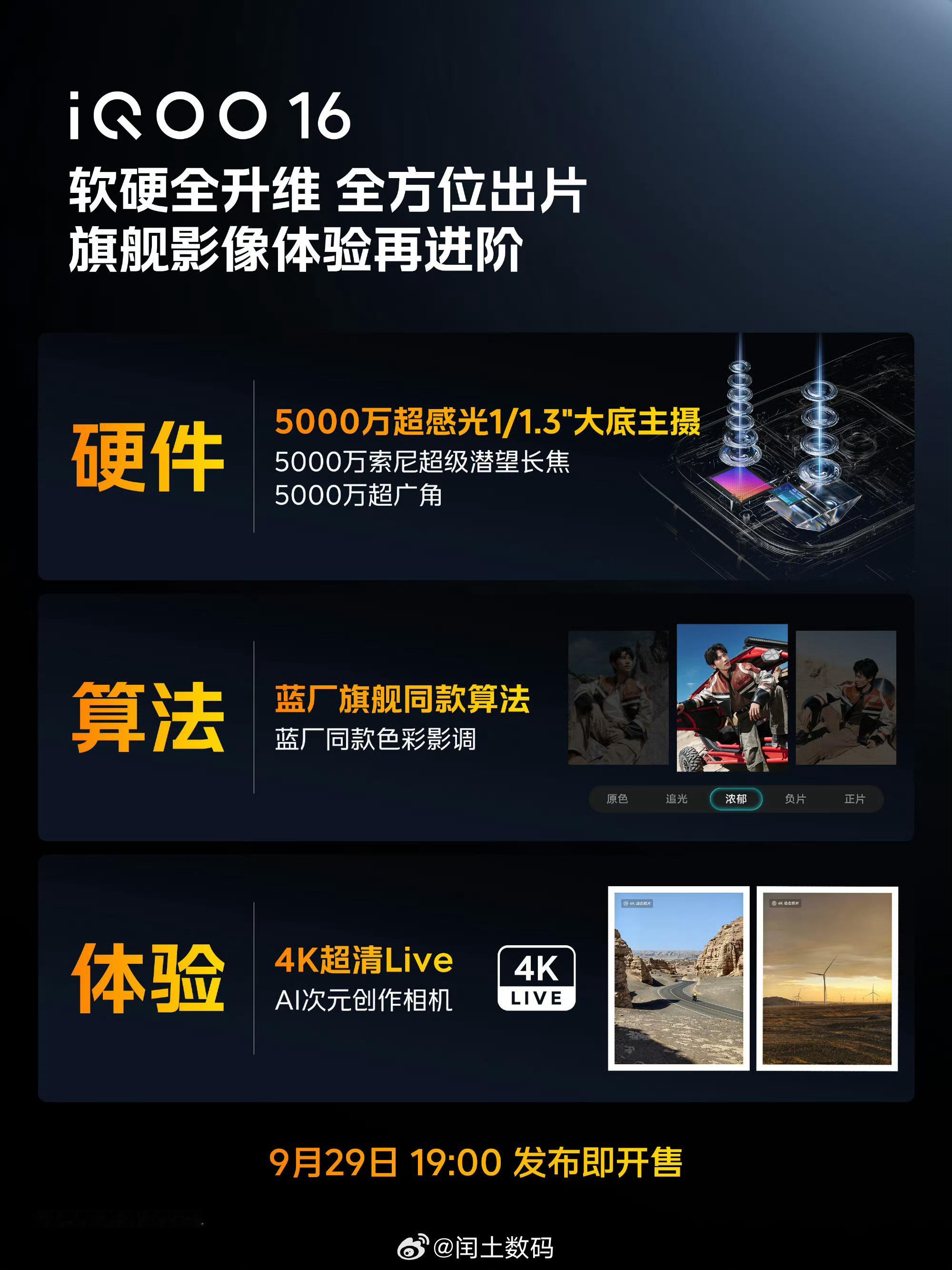 iQOO16升级5000万超感光1/1.3"大底主摄，相比iQOO15进光量提升