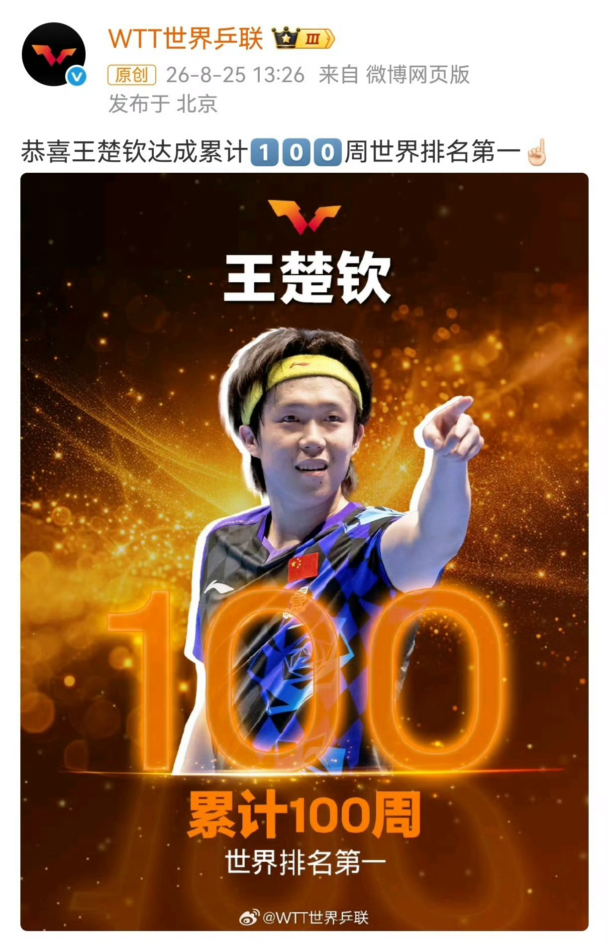 王楚钦100周世排第一私人订制吗？[无聊] ​​​