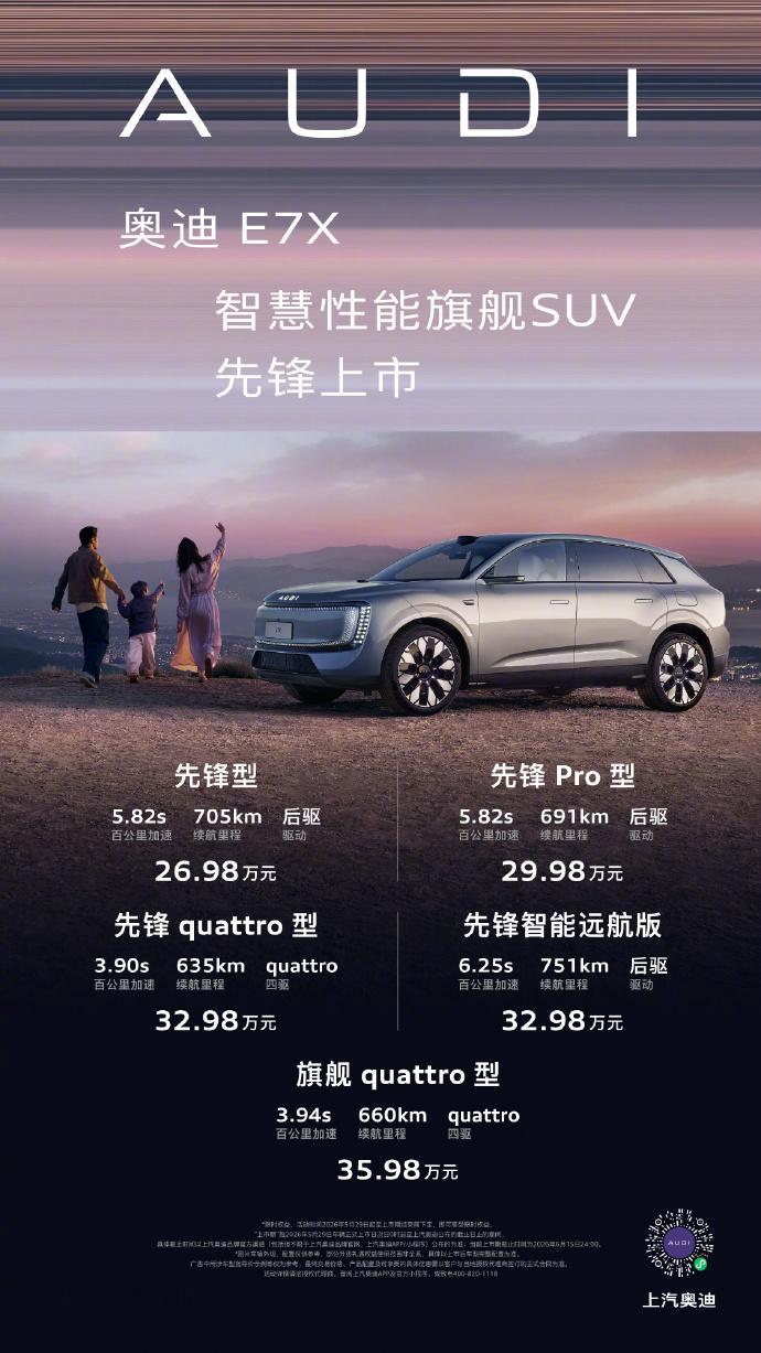 公路之王奥迪E7X上市26.98万元起 权益后价格25.78万元起，这确实让我觉