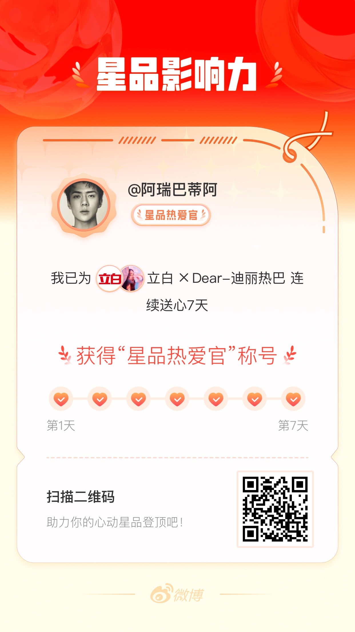 我在星品影响力上为 X 连续送心7天，获得“星品热爱官”称号！快来一起pick你