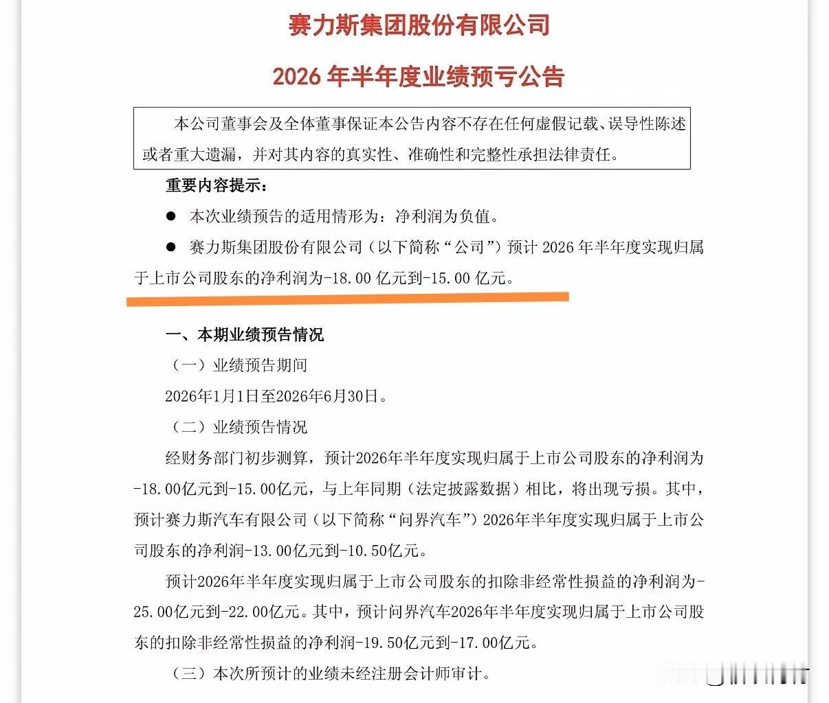 真的假的？赛力斯上半年竟然亏损了！

赛力斯上半年亏损15亿到18亿，这确实有点