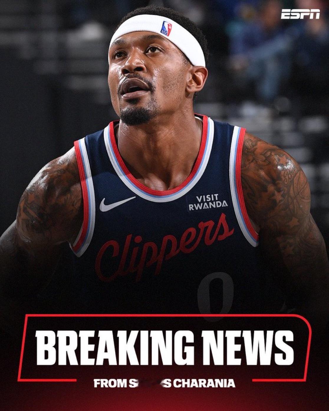 最新消息：据 ESPN 消息人士透露，洛杉矶快船队后卫布拉德利·比尔髋部骨折，将