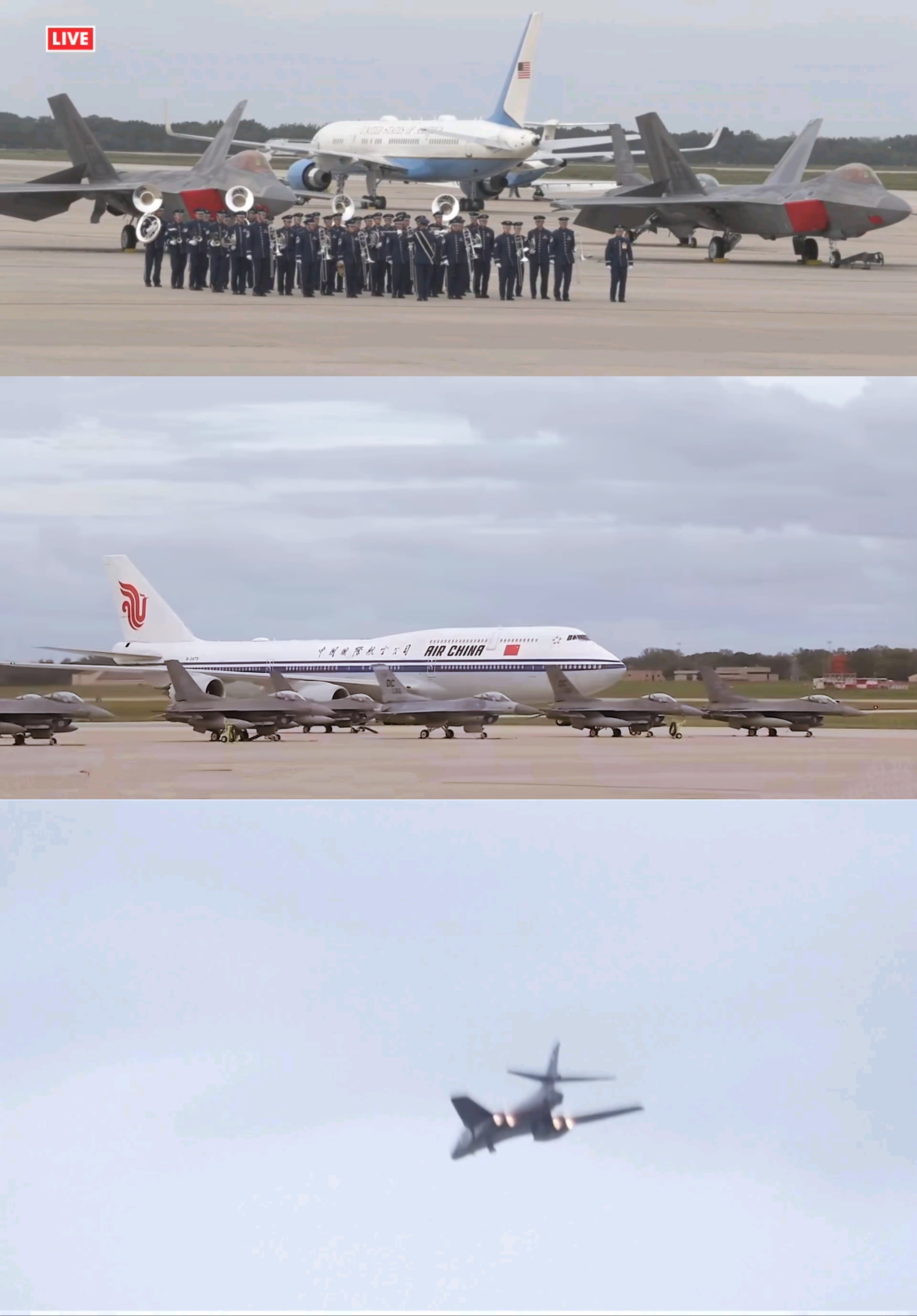 F-22 / F-16 / B-1B现场迎接[doge]烽火问鼎计划特朗普抵达机