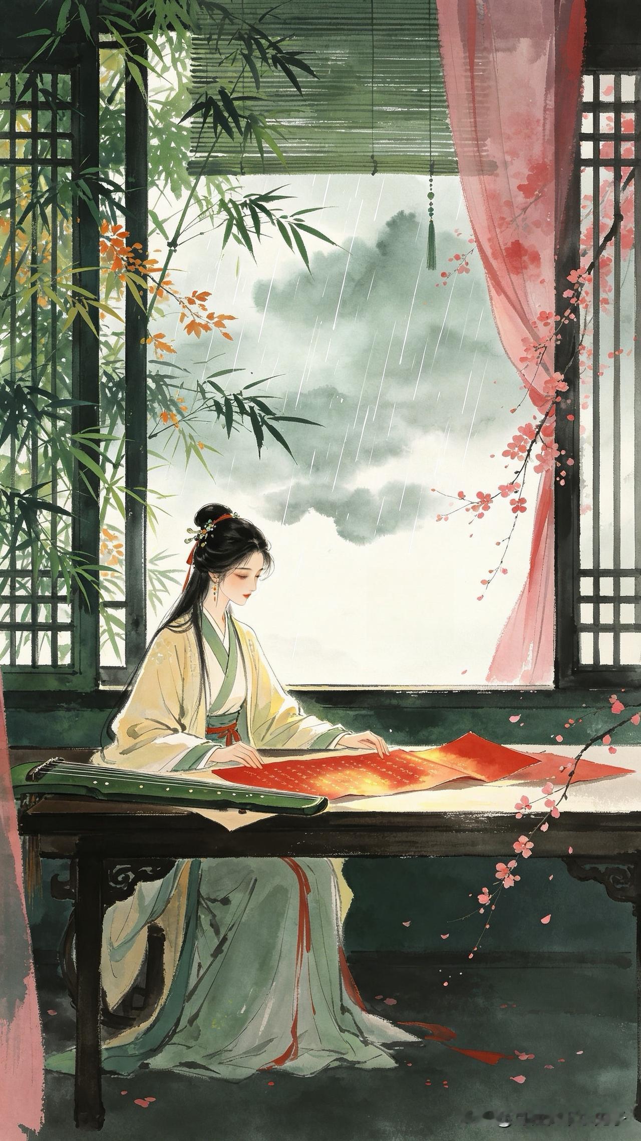 红笺漫染旧年光，
小字数行未忍藏。
绿绮弦惊孤雁影，
        
…………