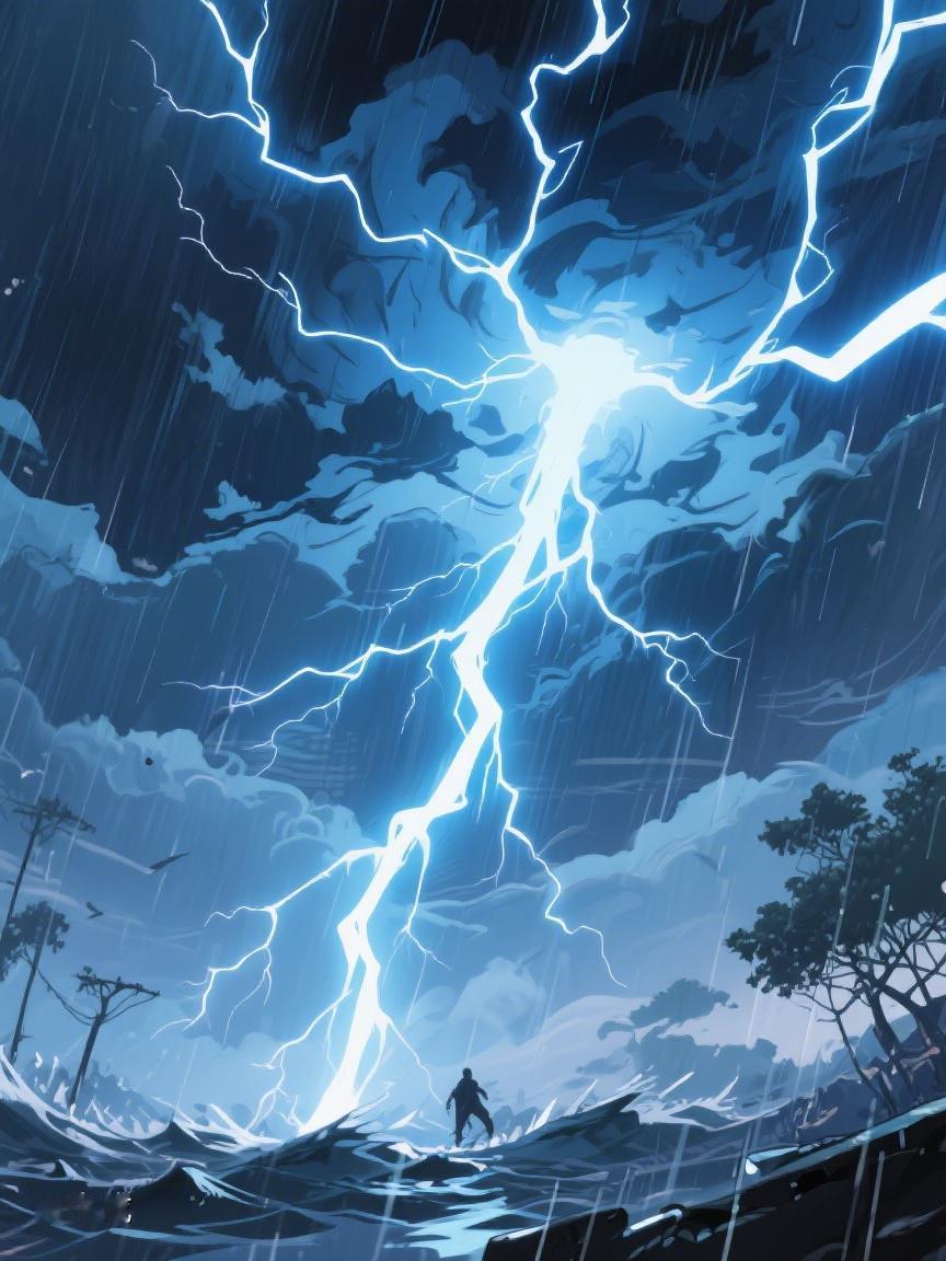 AI妙生图暴雨倾盆，闪电划破黑暗，于惊涛中，见生命坚韧，寻内心宁静✨