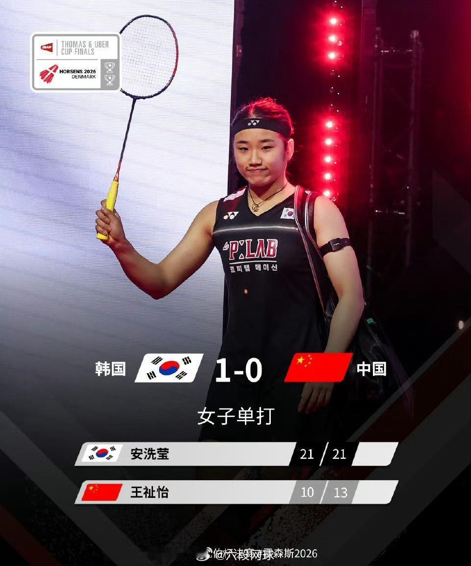 王祉怡不敌安洗莹尤杯决赛国羽落后韩国 2026尤伯杯决赛首场女单王祉怡0-2不敌