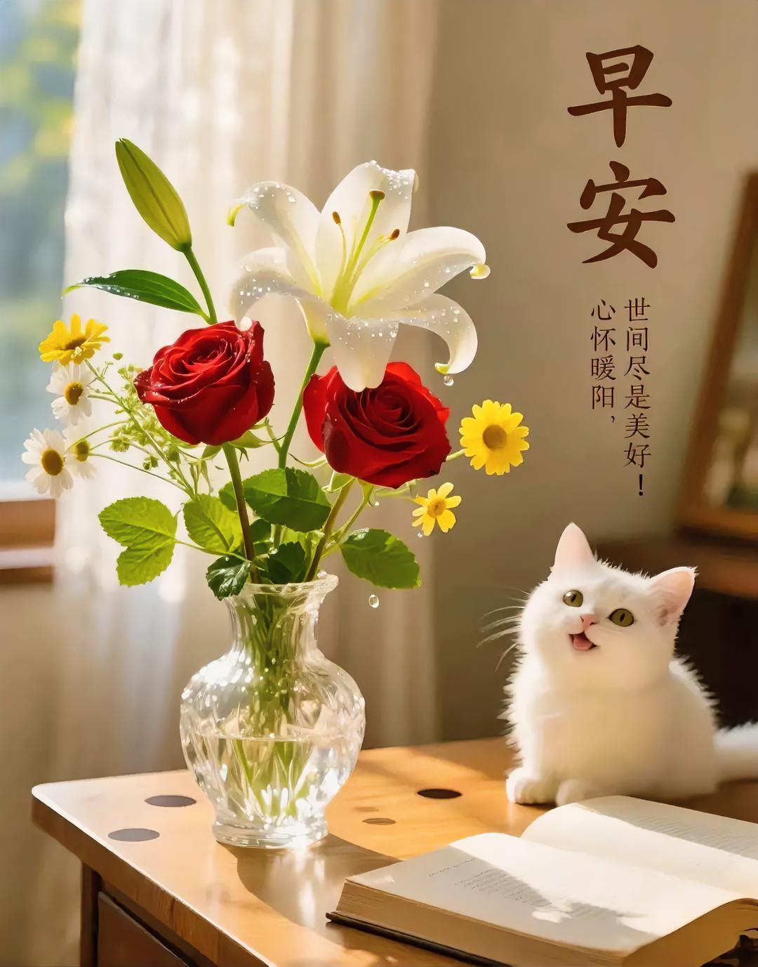 早安！花香猫语，暖阳满屋，心怀美好，平凡日子也闪闪发光～
来张早安图片