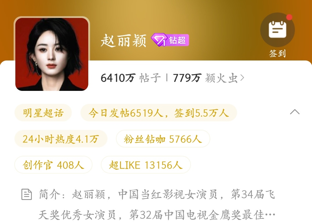 赵丽颖超话又解锁钻超 ​​​