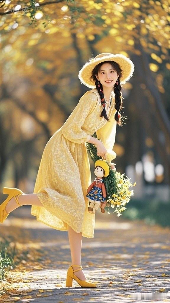 夏日阳光下的甜美少女，黄色连衣裙与草帽相得益彰，花束点缀，尽显清新自然之美。