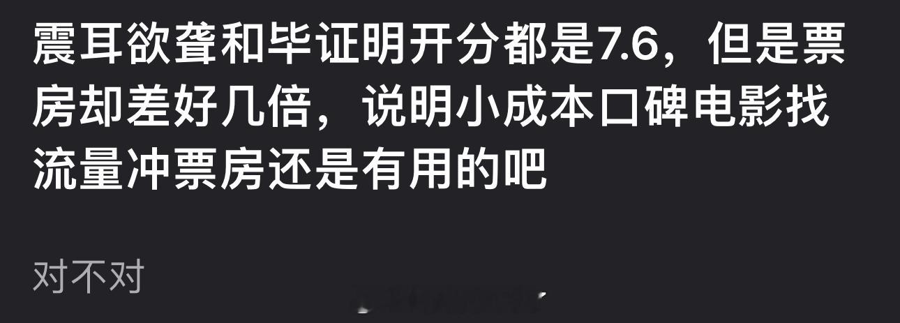 震耳欲聋和毕证明开分都是7.6，但票房却差好几倍，是不是说明小成本口碑电影找流量