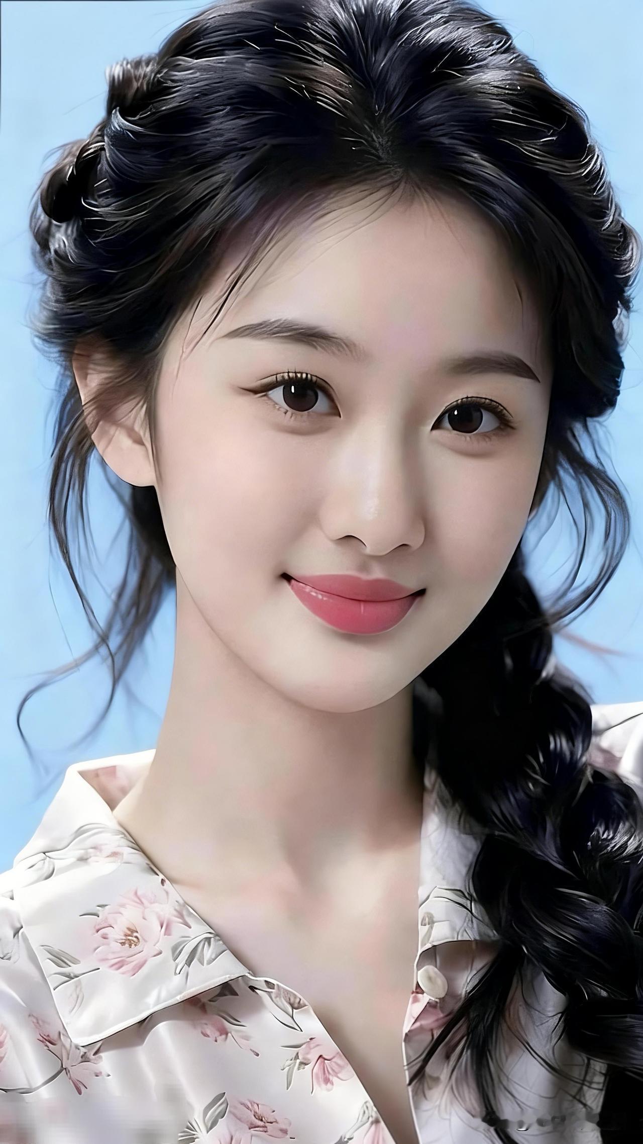 温柔甜美的少女，微笑如春风，花衬衫与黑发相得益彰。