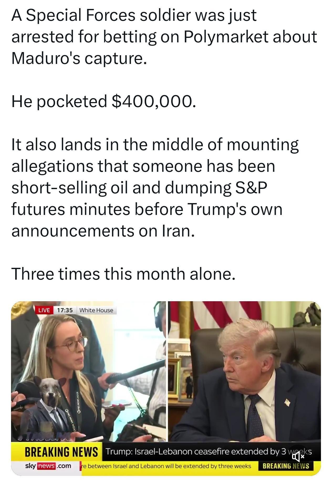 美国特种兵在抓捕马杜罗前押注赢了40万！
特朗普称世界已变成“某种程度上的赌场”