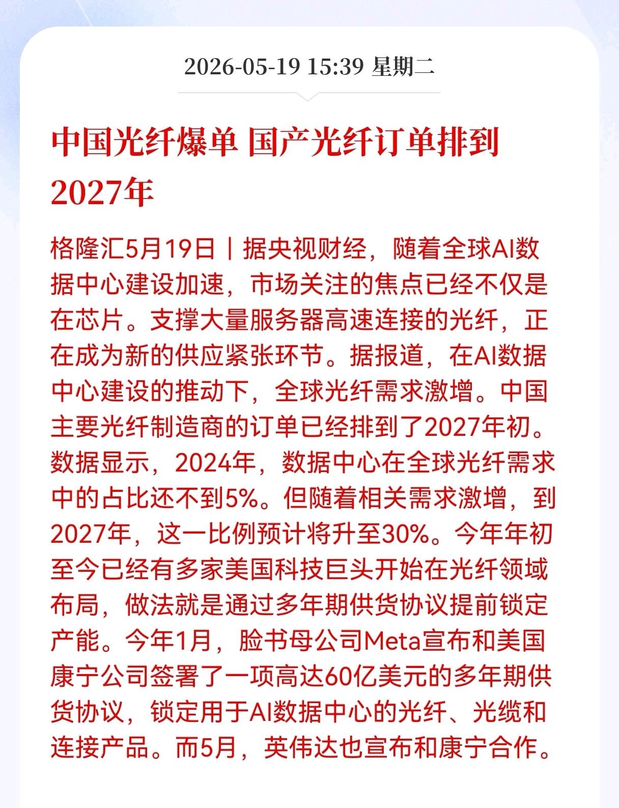 利好！重大利好消息！
光纤方向迎来重大利好，
中国光纤爆单， 国产光纤订单排到2