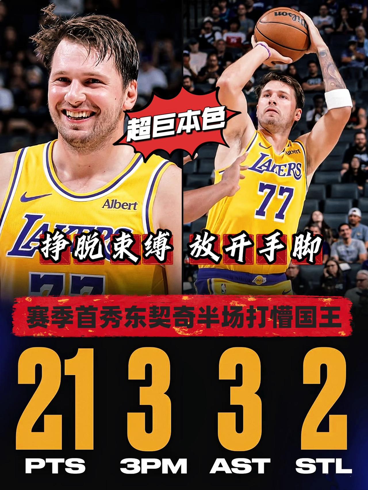挣脱束缚！东契奇半场21分率队打懵国王！
在今天NBA季前赛湖人对阵国王的比赛中