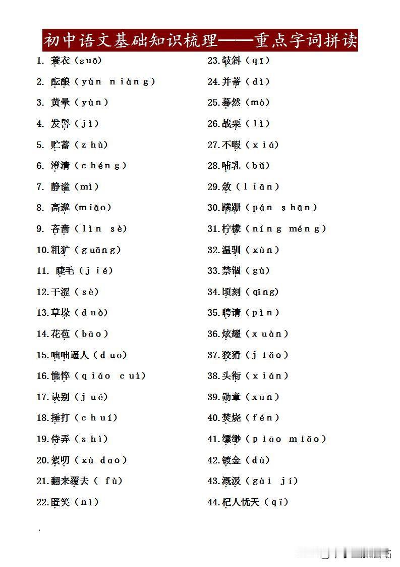 初中语文最易丢分的50个字音！资深教师整理，90%学生一考就错！