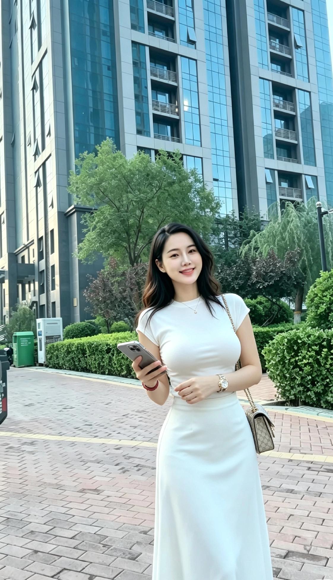小标题：街头白裙佳人太吸睛
 
一袭纯白套装惊艳街头，简约无袖上衣勾勒出流畅柔美