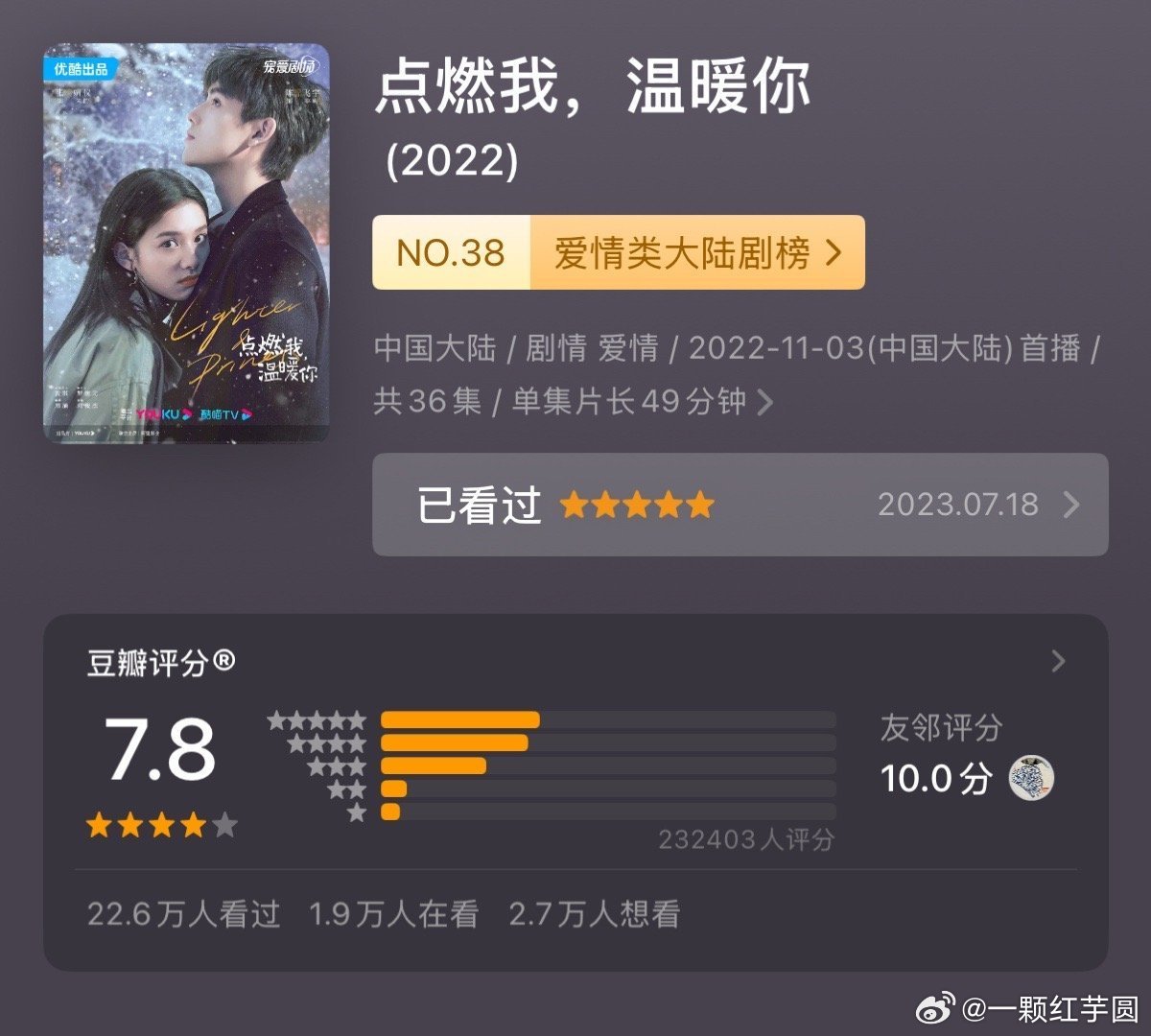献鱼剧粉太牛了吧！考古陈飞宇，3个星期愣是把点燃我温暖你的豆瓣评分从7.6拉高到