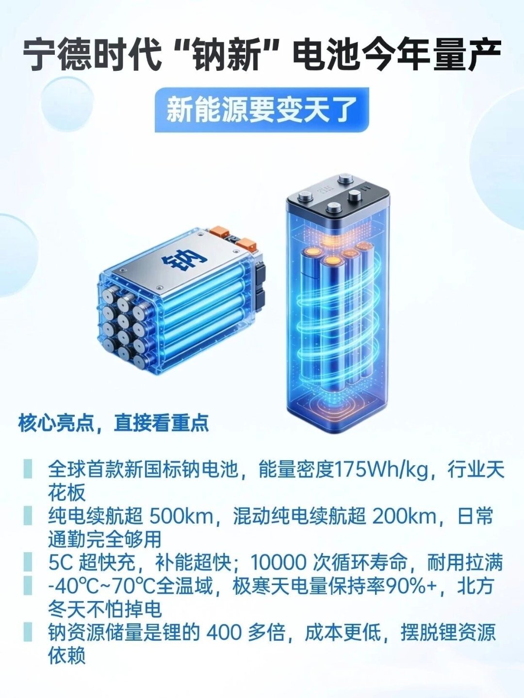 钠电池更安全，过几年成本也会低于磷酸铁锂，据说未来能量密度也能追上。  宁德时代